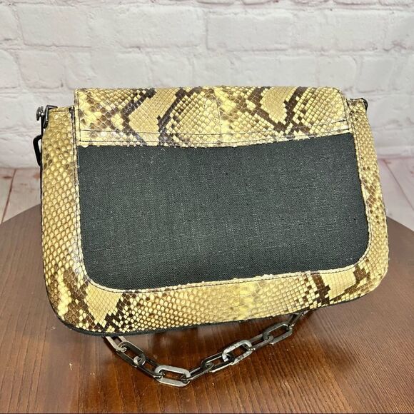 STUART WEITZMAN PYTHON SNAKESKIN & linen shoulder bag gunmetal chain strap - Picture 4 of 12